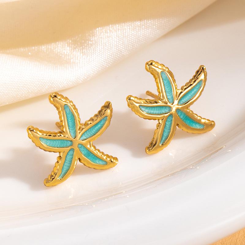 Starfish Enamel Titanium Steel Stud Earrings - Beach Ocean Style for Women, European-Inspired Stainless Steel Ear Ornaments