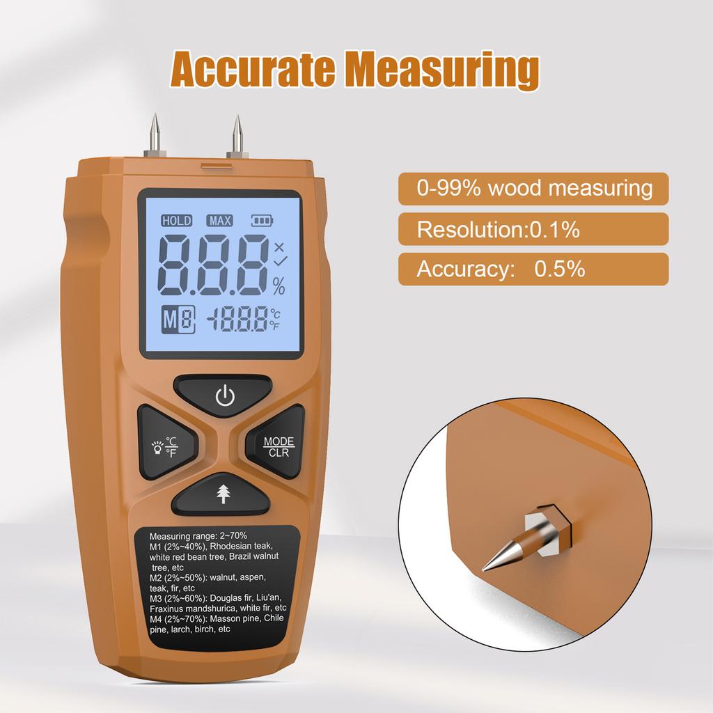 Wood Moisture Meter Thermometer for Hard Wood Soft Wood Paper Bamboo Herbs LCD Display High Precision and Fast Response