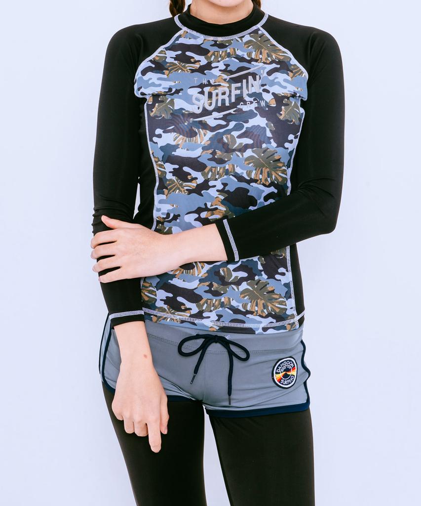 Dangun Camo Color Block Unique Raglan Long Sleeve Rash Guard