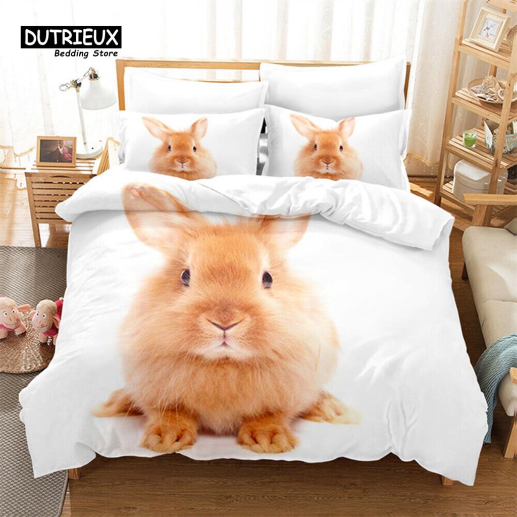 Bunnies Duvet Cover Mushroom Floral Bedding Set Cute Animal Rabbit Quilt Cover Twin Size Greetings and Presents for Easter Day