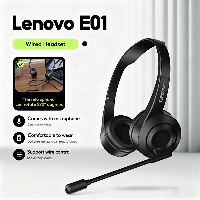 Lenovo E01 Wired Gaming Headphone W/ Rotatable HD Microphone Control Switch Learning Office Earphone Stereo Operator Headset for Online Class