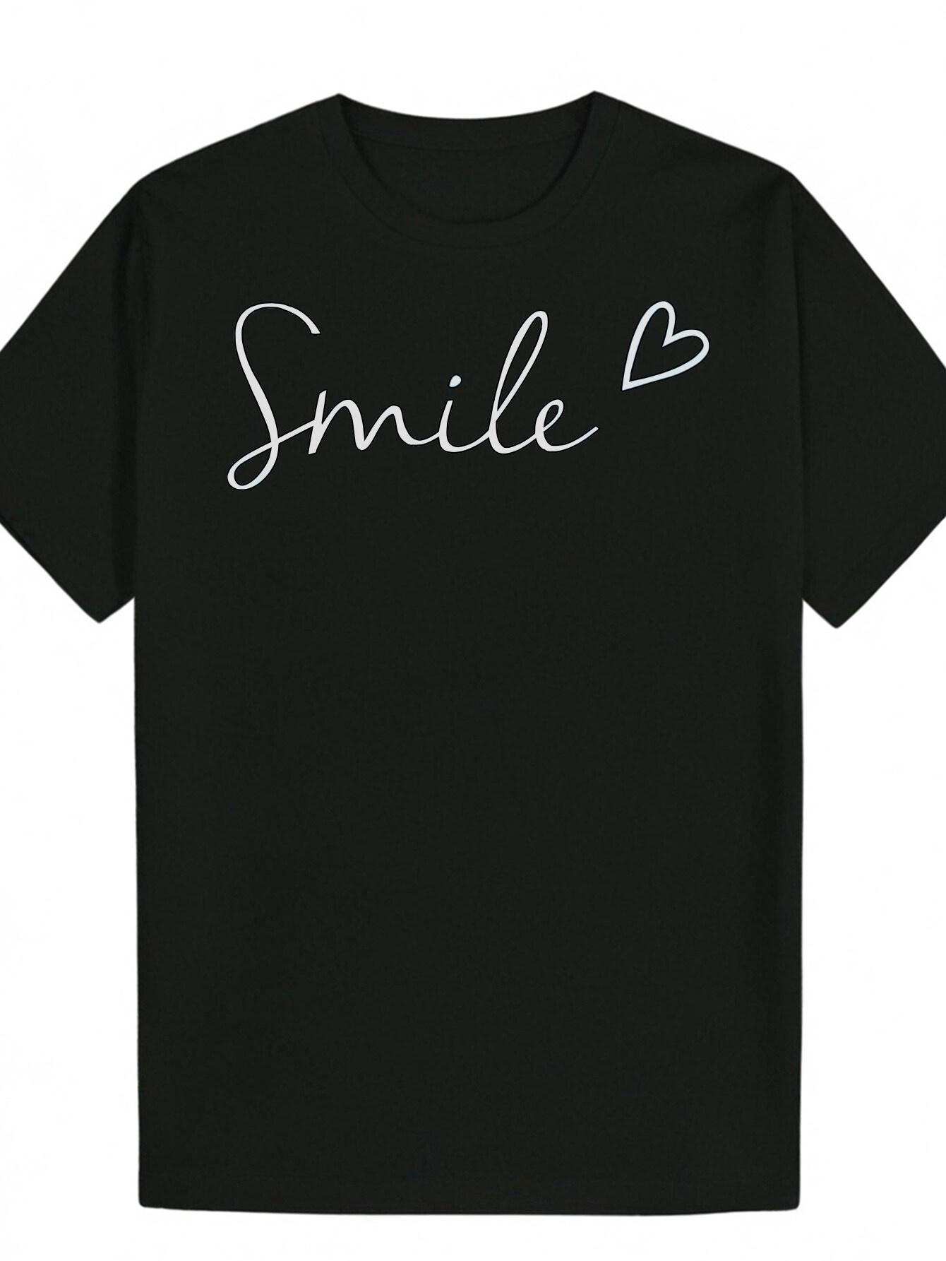 Short Sleeve T-shirt - Black with White Cursive Smile & Heart Graphic XL