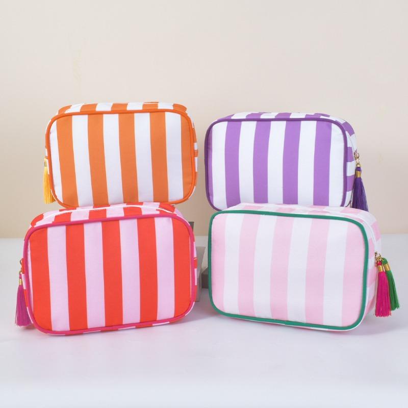 Large Striped Wash Cosmetic Bag for Women Tassel Zipper Makeup Bag Large Capacity Toiletry Storage Organizer Pouch Bags