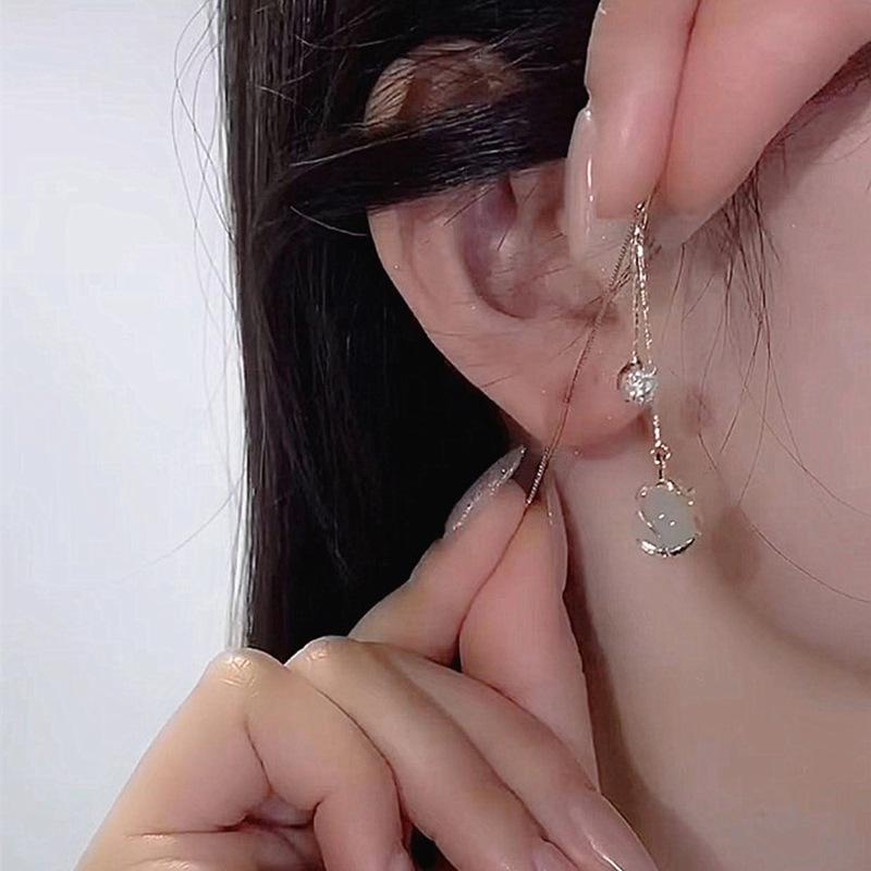 Fashion Cat Eye Stone Flowing Fringe Ear Chain Ultra-Gorgeous Long Round Face Earrings Elegant and Popular Earrings Set