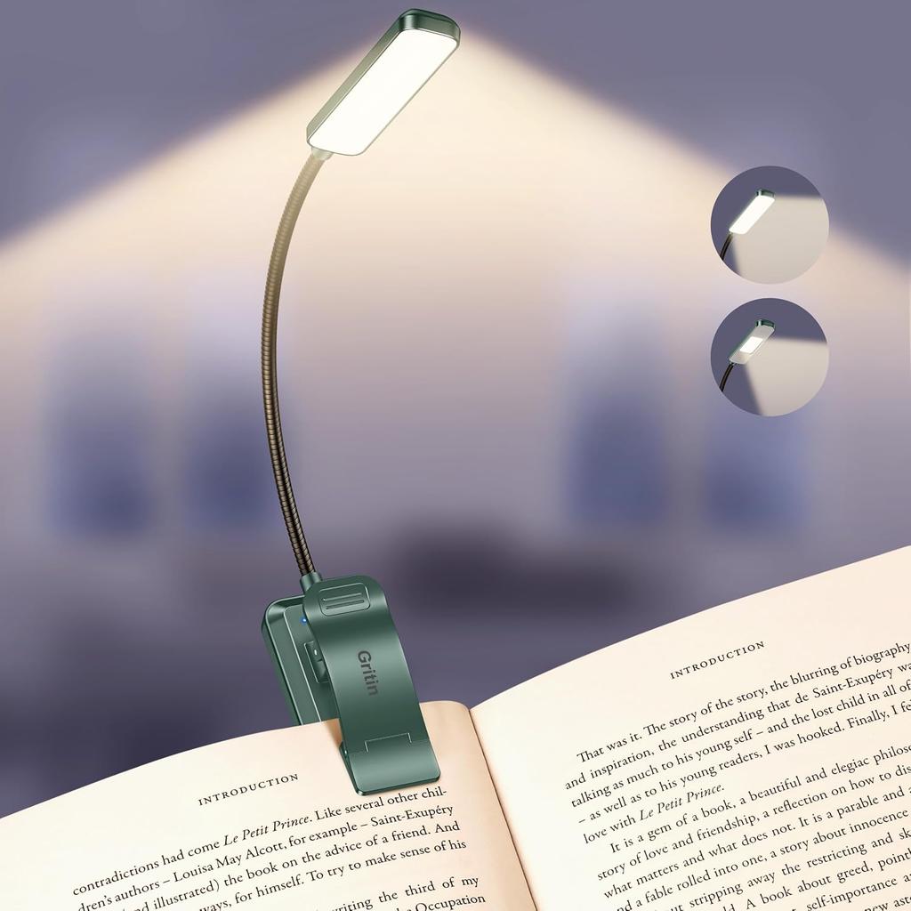 Gritin 2026 Gen 2 Book Light for Reading- 30 Eye Caring Full Spectrum LED | 5 Colors & 5 Brightness, Adjustable Wide/Narrow Beam, Upgrade 1500mAh