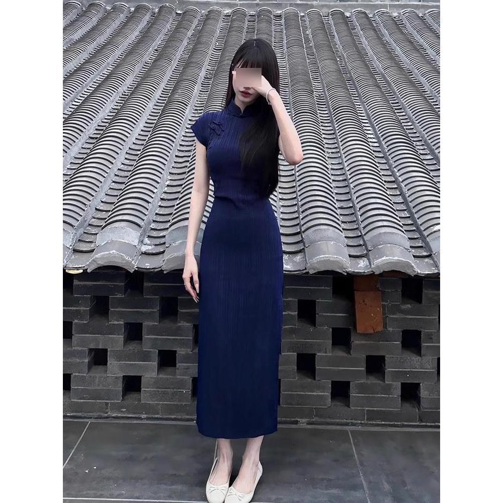 

Улучшенное платье ципао женское летнее маленькое темпераментное шикарное темно-синее облегающее бедра длинное платье XL- (recommended 110-60kg)