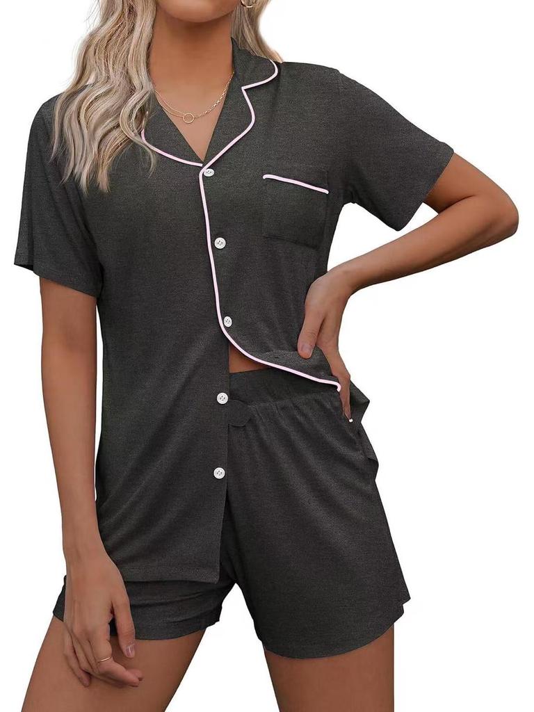 European & American Casual Lapel Women's Short Sleeve Cardigan Pajama Set with Shorts