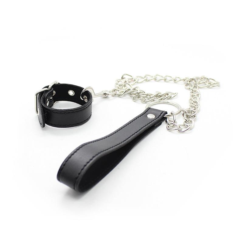 Men's Leather SM Fun Bondage Set with Penis Rings and Traction Chain
