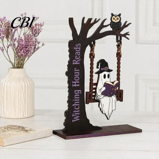 Kantoorbureau Decoratie Items Halloween Desktop Schommel Decor, Spookachtige Huis Lezen Geest op Een Beeldje Uniek Houtbewerking Cadeaus voor Woonkamer Keuken