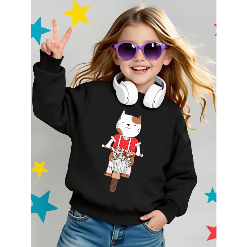 European Sizes Girls Soft Crewneck Sweatshirt Cute Cat Riding Bike with Flower Basket, Casual for Fall Winter, Ideal Holiday Present.