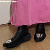 Fashion Metal Stitching Fashion Square Toe Boots 2025 Women's Style Thick Sole Motorcycle Style Slip On Short Boots Black Real Leather