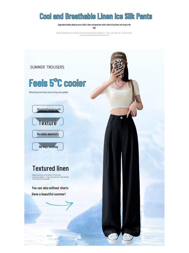 Ice Silk Cotton Linen High-Waisted Wide-Leg Pants for Women – Summer 2026 Drapey, Straight-Leg Casual Suit Style