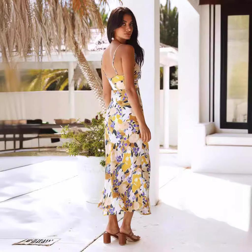 YYFS Dámská móda Léto Jaro Květinový potisk Podvazky bez rukávů Ležérní šaty s vysokým pasem