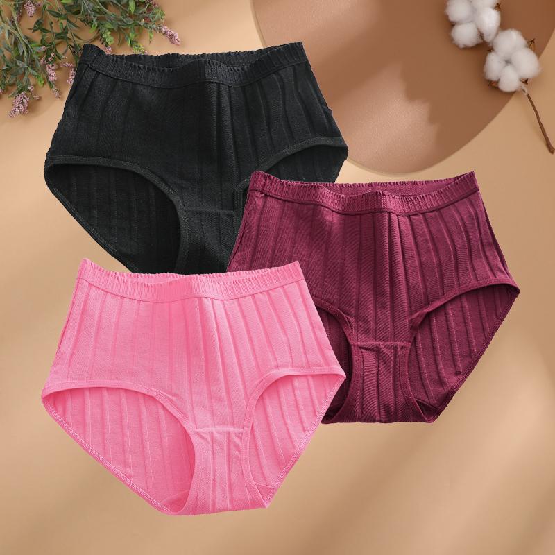 3Pcs/Set Women S-3XL Seamless Cotton High Rise Briefs Solid Color Stripe High Quality Panties Female Cozy Big Size Sexy Lingerie