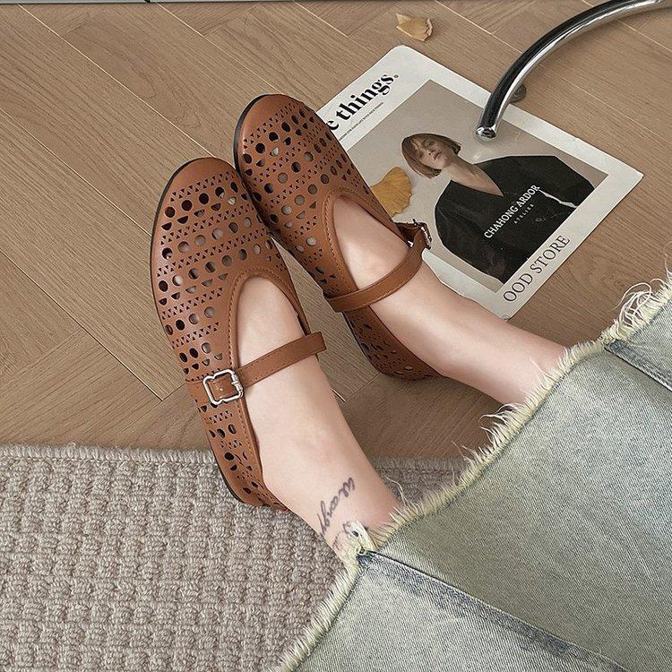 

Female Hollow Ballet Shoes Summer Shallow Mary Jane Shoe Buckle Solid Color Comfortable Round Head Versatile Casual Flats 36 светло-коричневого