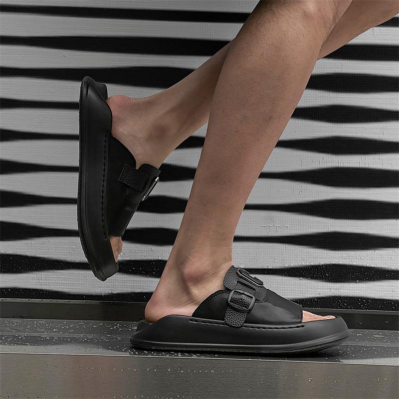Fashion High Quality Luxury Men's Half Drag Summer Leather Slippers Cool Breathable Anti-Slip Flats Outdoor Trendy Beach Walking Shoes