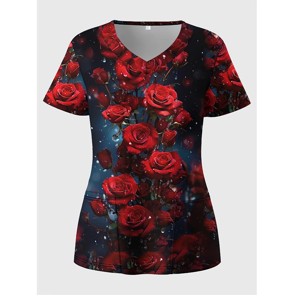 New Women's Scrubs - Valentine's Day 3D Heart Print V-Neck Work Uniform with Functional Patch Pockets Surgical Uniform Woman