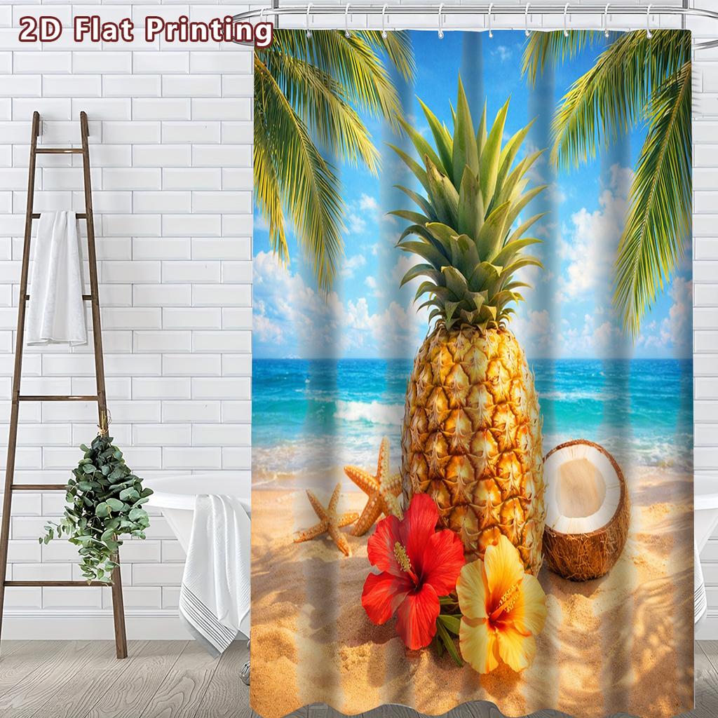 4Pcs 2D Flat Tropical Beach Shower Curtain Set with Non-Slip Bath Mat, Toilet Lid Cover, Contour Rug & 12 Hooks, Bathroom Decor