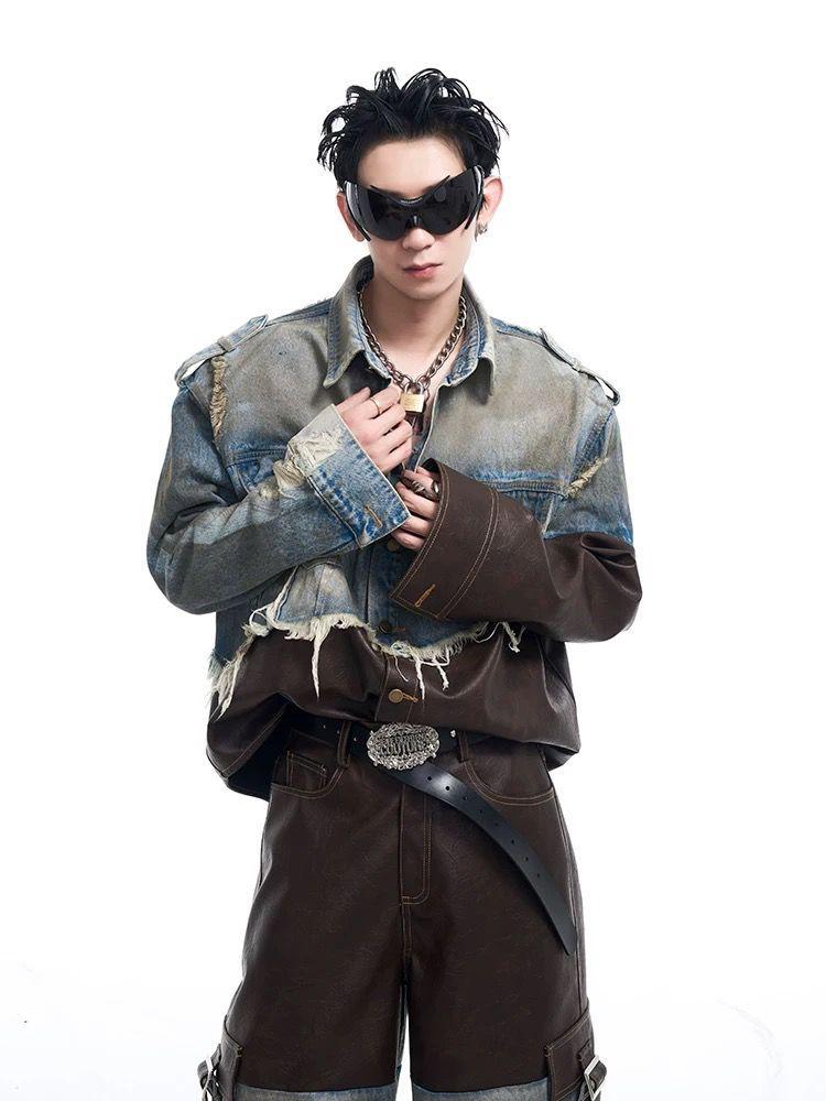 American trendy brand destruction splicing denim jacket high street loose lapel denim jacket men s and women s niche leather jacket M синий