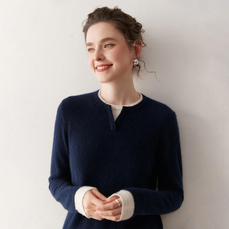 Korean Style Color Block Women's Cashmere Knit Patchwork Top - Fake Two-Piece, Round Neck, Long Sleeve