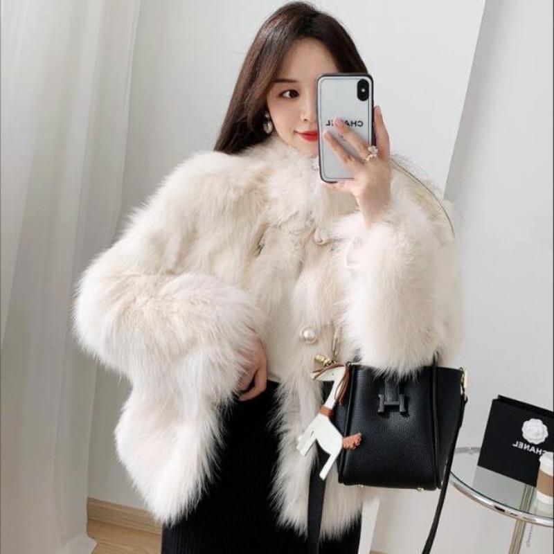 

Имитация лисьего меха, новая жемчужная пряжка, меховая интегрированная куртка-локомотив, короткая куртка Мао Мао, женская одежда, легкая осень-зима XXL бежевый