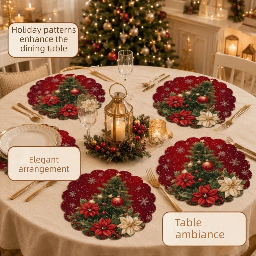 4pcs Santa Claus Christmas Table Placemat Snowman Elk Coaster Round Dining Mat Heat Resistant Non Slip Coffee Cup Mats