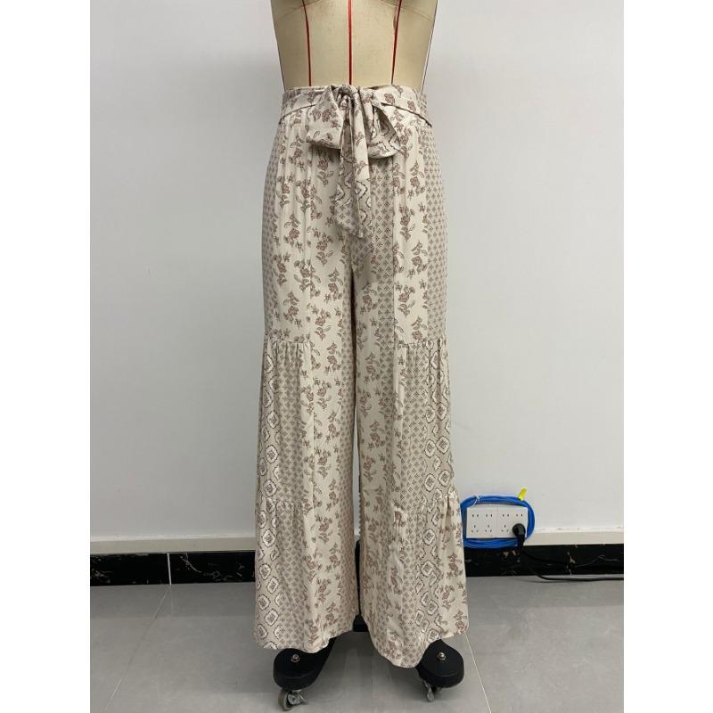 Casual Vacation Style Lace-up Geometric Floral Print Wide-leg Pants for Women