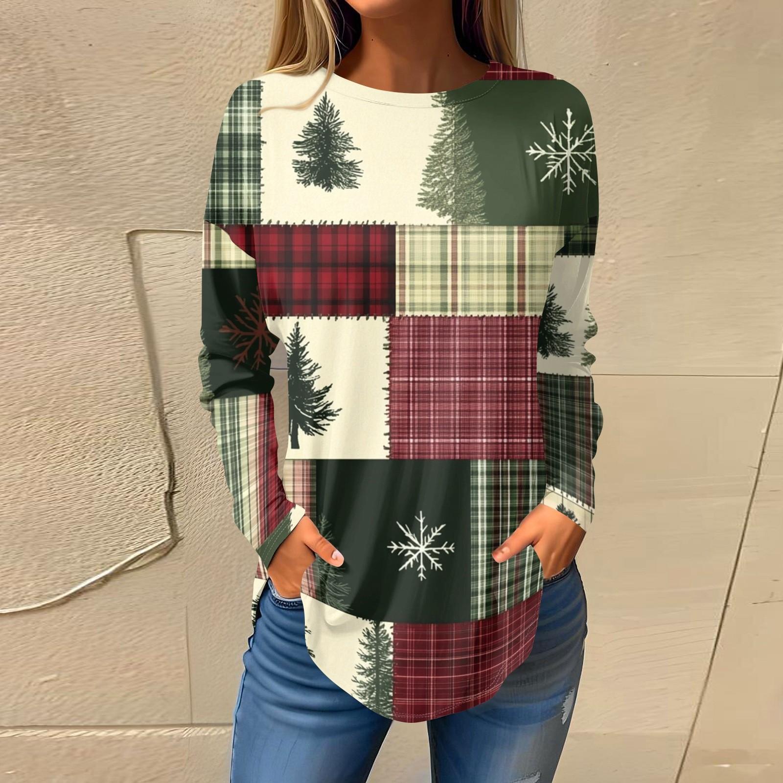 

Футболки для женщин, осенние повседневные рубашки с длинным рукавом, толстовки с винтажным графическим принтом, топы, пуловеры, рождественские XL зелёный