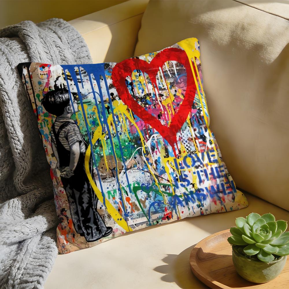 Cushion Cover Washed Linen Soft Breathable Decorative Case for Sofa Home Pillow Cover Banksy Street Graffiti Art