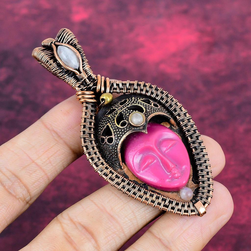 Pink Carved Bone Face Pendant Copper Wire Wrapped Pendant Rainbow Moonstone Jewelry
