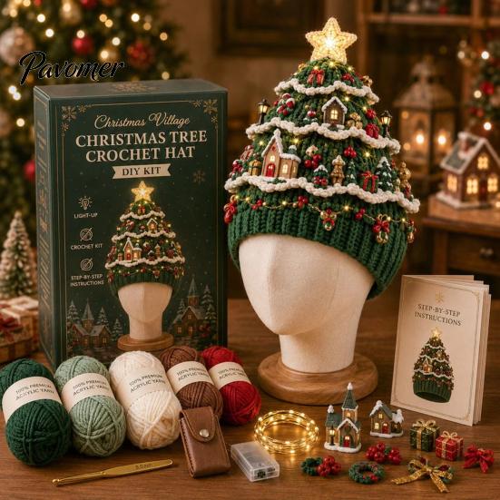 Parent Child Interaction Craft Christmas Tree Crochet Hat DIY Kit, Beginner-Friendly Light-Up Handmade Gift for Friends Complete Kit with Yarn, Tools,