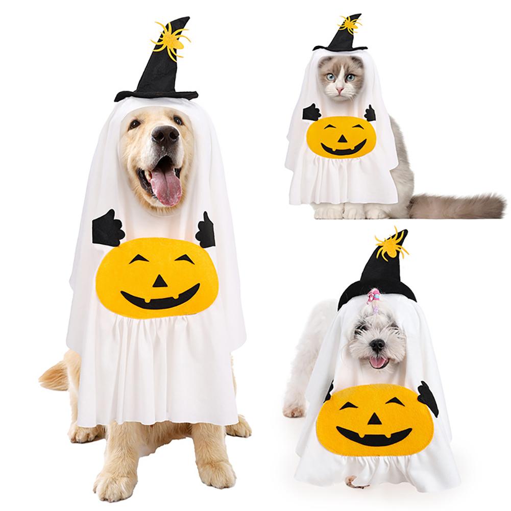 Ghost Dog Costume Hat & Cloak with Candy Bag Spooky Cute Breathable Trick or Treat Pet Costume Photo Prop Pet Cosplay Gear