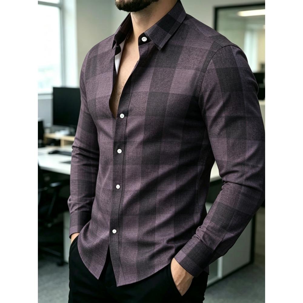 Men's Orange Blue Large Plaid Long Sleeve Collar Shirt Retro Plaid Casual Business Slimming Plaid Shirt