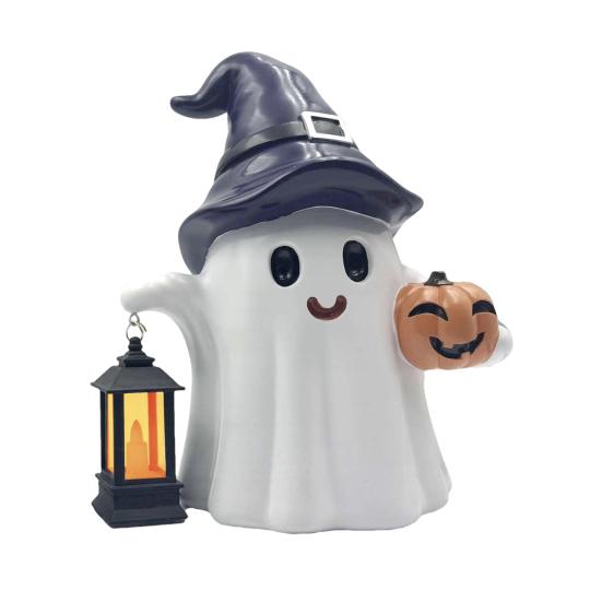 Ghost Statue Solar/Battery-Powered Weather Resistant Resin Whimsical Ghost Pumpkin Design Ornament Halloween Decor