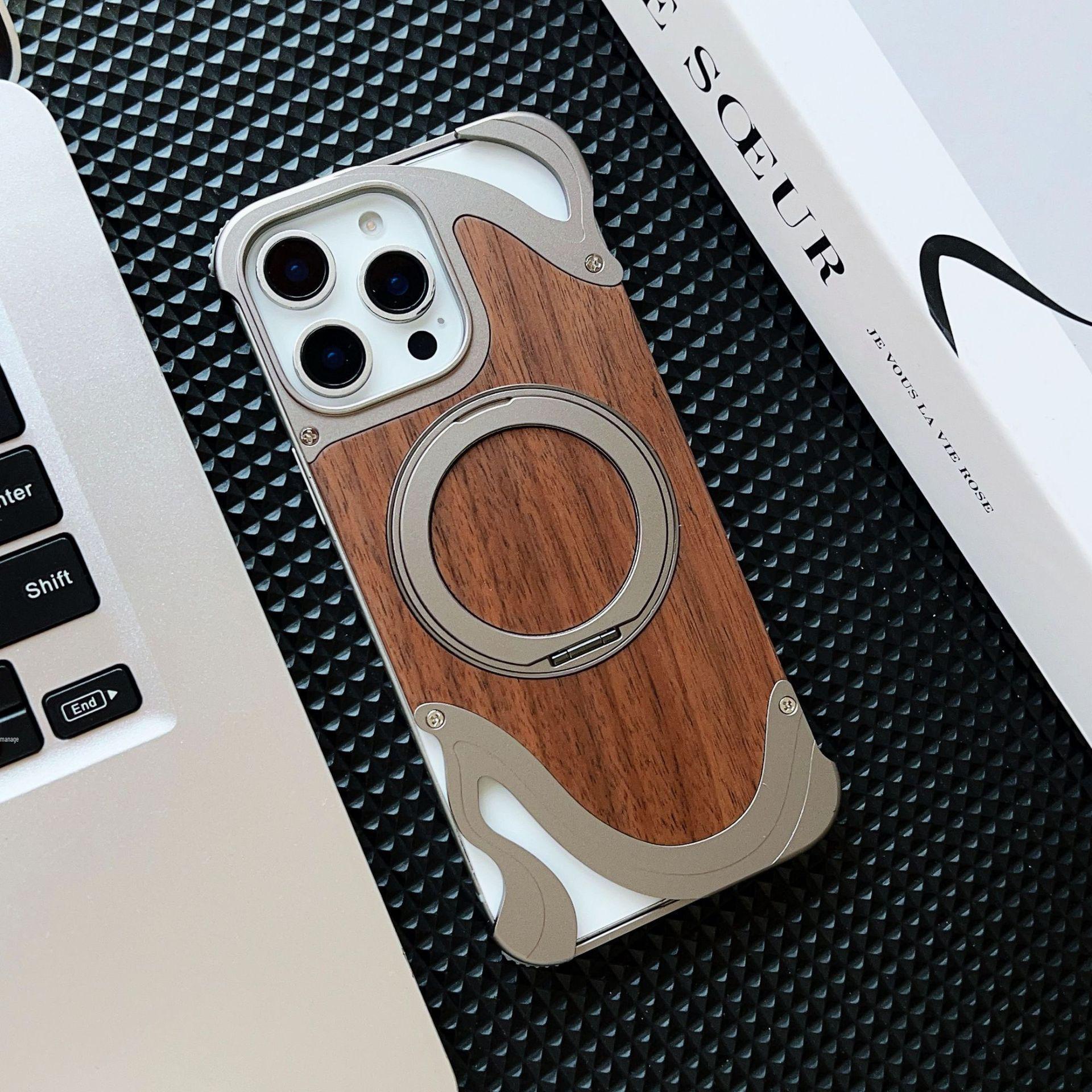 

Apple 17 Pro Max Magnetic Walnut Wood Metal Phone Case with Rotating Bracket iPhone 17 Pro Max