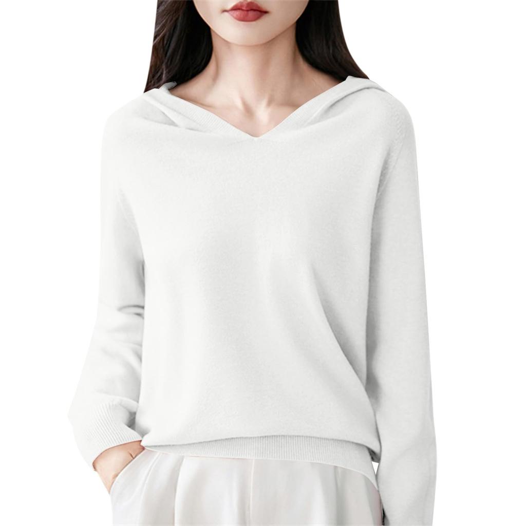 Women's Fashion Long-Sleeved -Colour V-Neck Hooded Knitted Sweater Warm Sweatshirt Knitwear