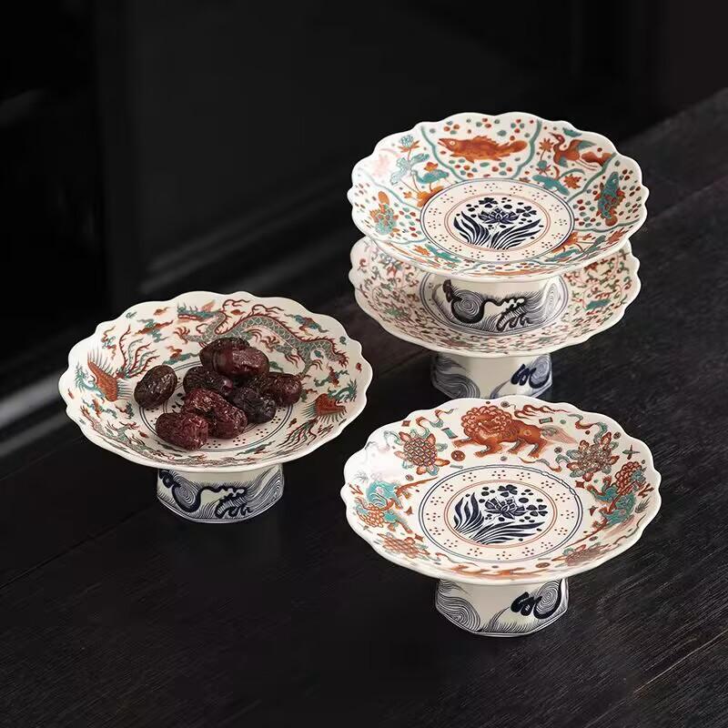 Chinesische Obstplatte Haushalt Wohnzimmer Couchtisch Snacks Hohe Platte Keramik Nationaler Stil Erfrischungsplatte Servierplatte