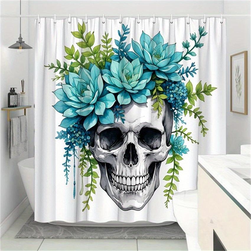 

Gothic Skull & Succulent Shower Curtain - Vibrant Botanical Design Black White Bone Texture, Teal & Blue Floral Accents W60H190(CM)-1 Pcs