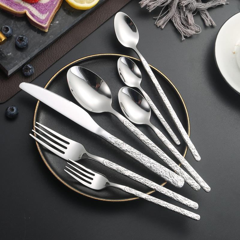 Bright 201 Stainless Steel Embossed Stone Knives, Forks and Spoons Supplies Western Tableware Set Steak Knives, Forks and Ice Spoons