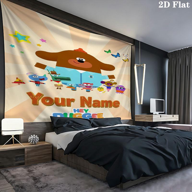 Hey Duggee Custom Name Wall Tapestry Aesthetic Wall Hanging Printed Fabric Blanket Decorative Tapestries for Bedroom Living Room Home Decor