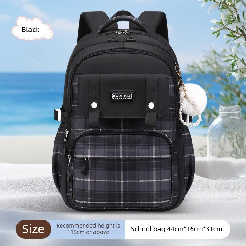 Cute Plaid School Backpack for Girls Primary Middle School Bags Lightweight Waterproof Backpack Large-Capacity Student Backpack
