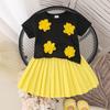 Children's Clothing 2-7Y Girls Skirt Suit Pink Flower Black T-shirt + Pink Pleated Skirt Set Cute Skirt Cotton Short Sleeve