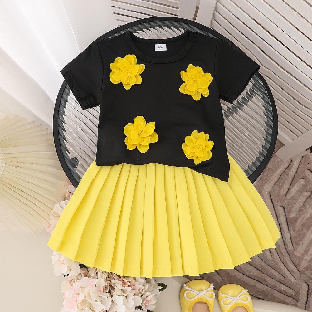 Children's Clothing 2-7Y Girls Skirt Suit Pink Flower Black T-shirt + Pink Pleated Skirt Set Cute Skirt Cotton Short Sleeve
