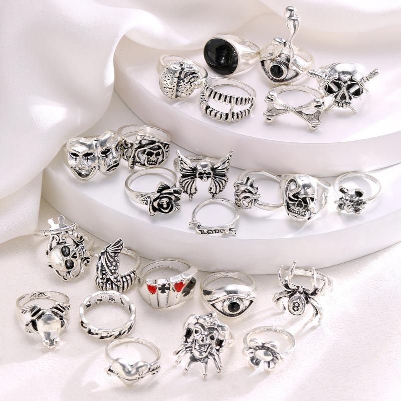 New dark hip-hop skull spider card exaggerated retro ring 24-piece set punk ring jewelry