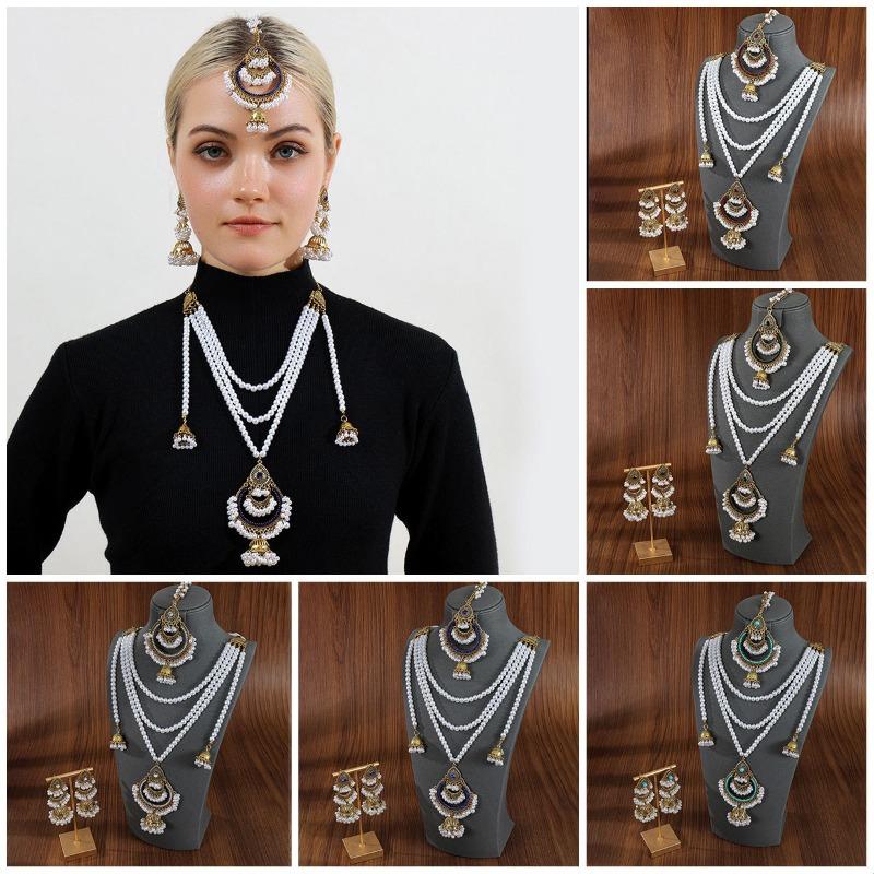 Multi-layer Pearl EarringsNecklaces Hair Chain SetsHigh-end Retro Ethnic Style Accessories