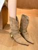 Fashion New European and American Suede Pleated Slip-on Metal Buckle Two-way Fashion Women's Mid-calf Boots