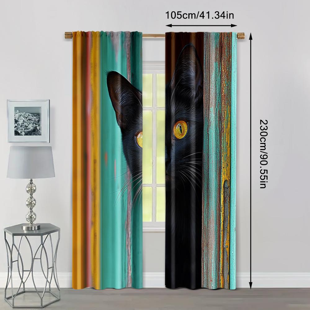 2pc,  Drapes Black Cat Versatile 100% Polyester,Without Electricity Versatile Applies To Living Room, Outdoor Decor