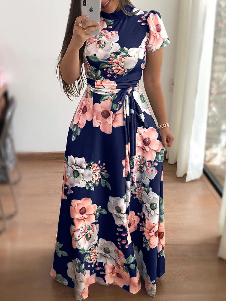 Autumn new style flower print short-sleeved pendulum dress women's clothing