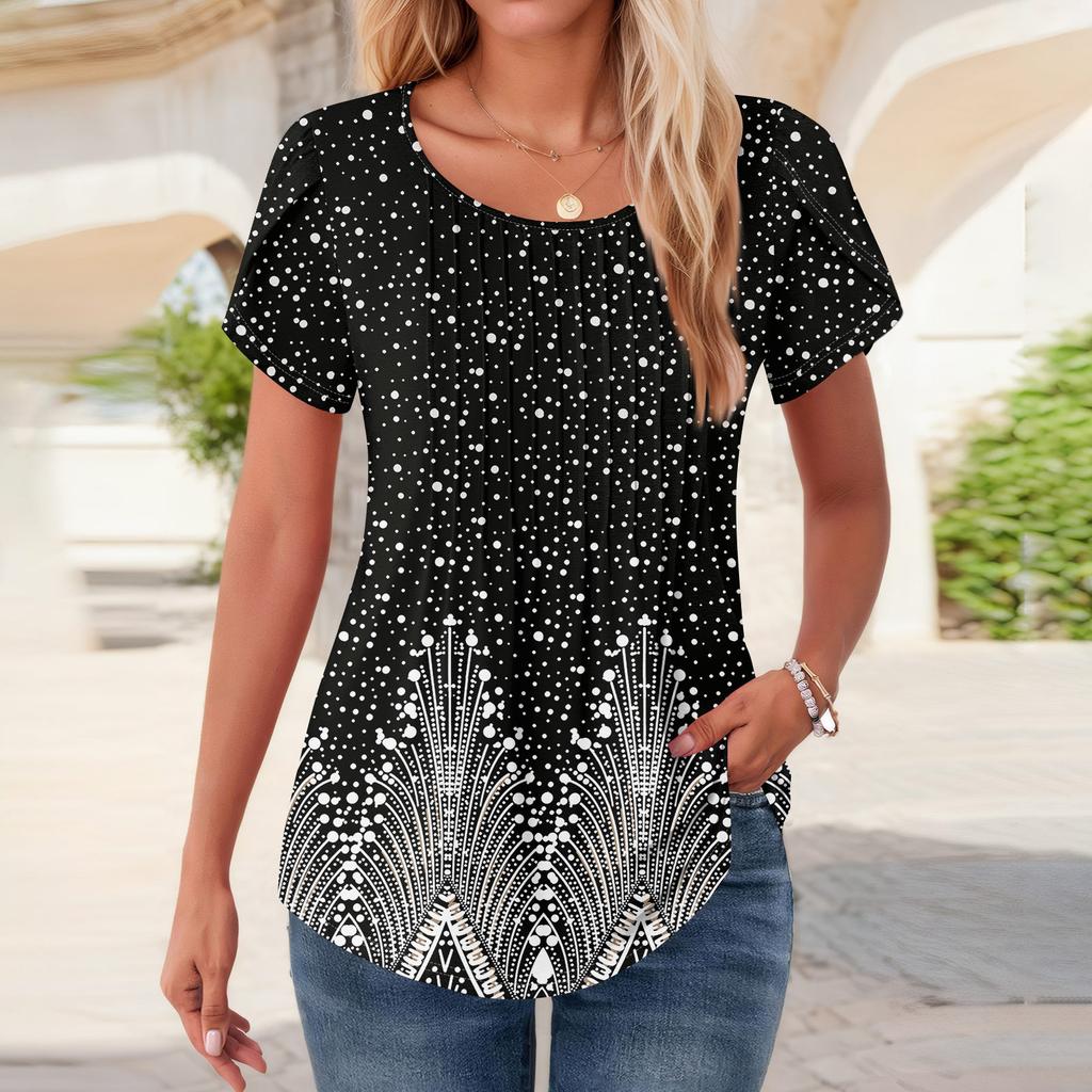 Womens Tops Petal Short Sleeve Summer Round Neck Shirts Floral  Printing Blouses For Women Dressy Casual