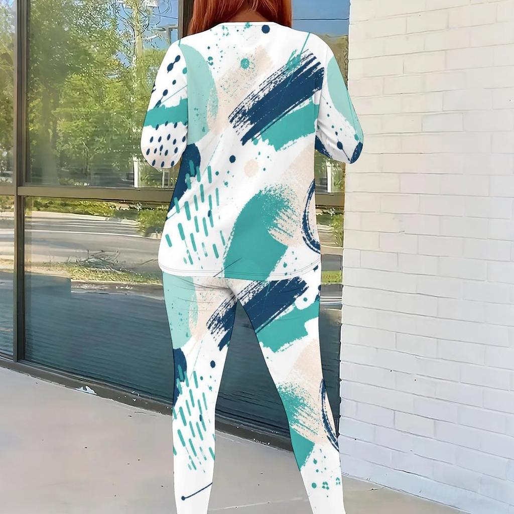 Women Plus Size White Blue Printed Round Neck Long Sleeve Top Fitted Pants Two Piece Set